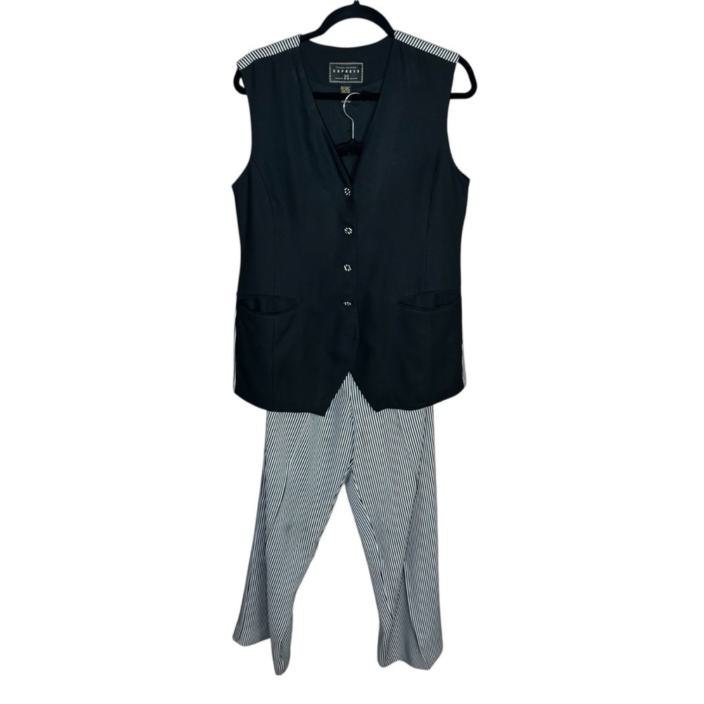Vintage Express Black and White Striped Women's Pantsuit with Button-Up Vest
